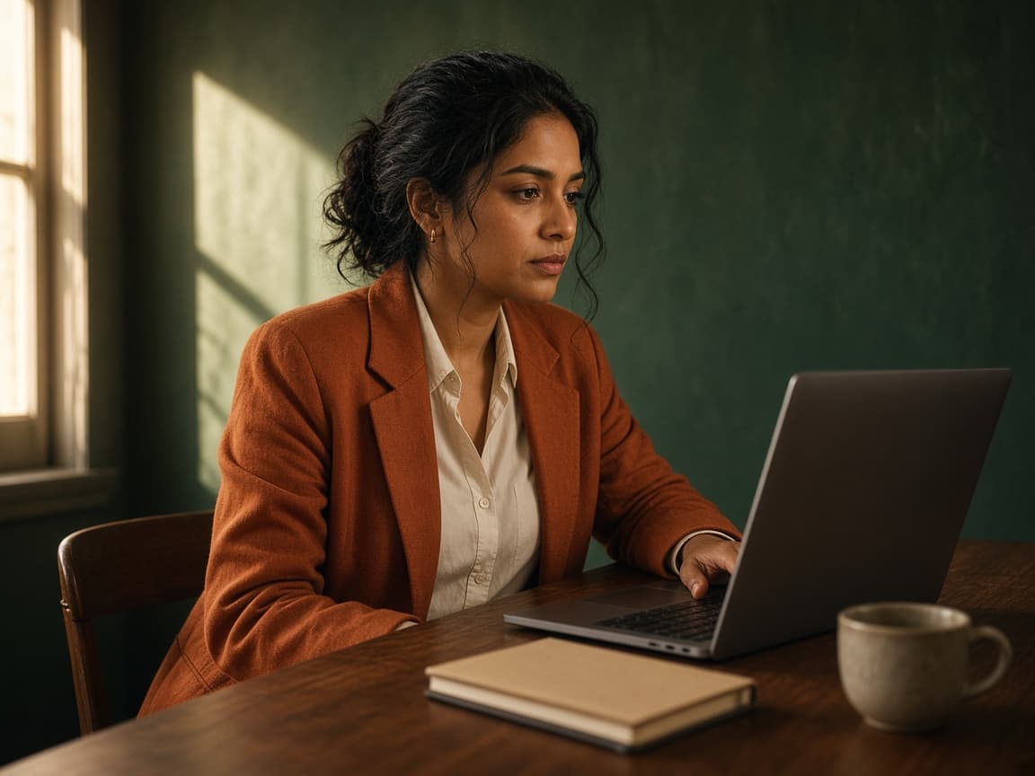 A candidate sitting quietly at a desk before a video interview